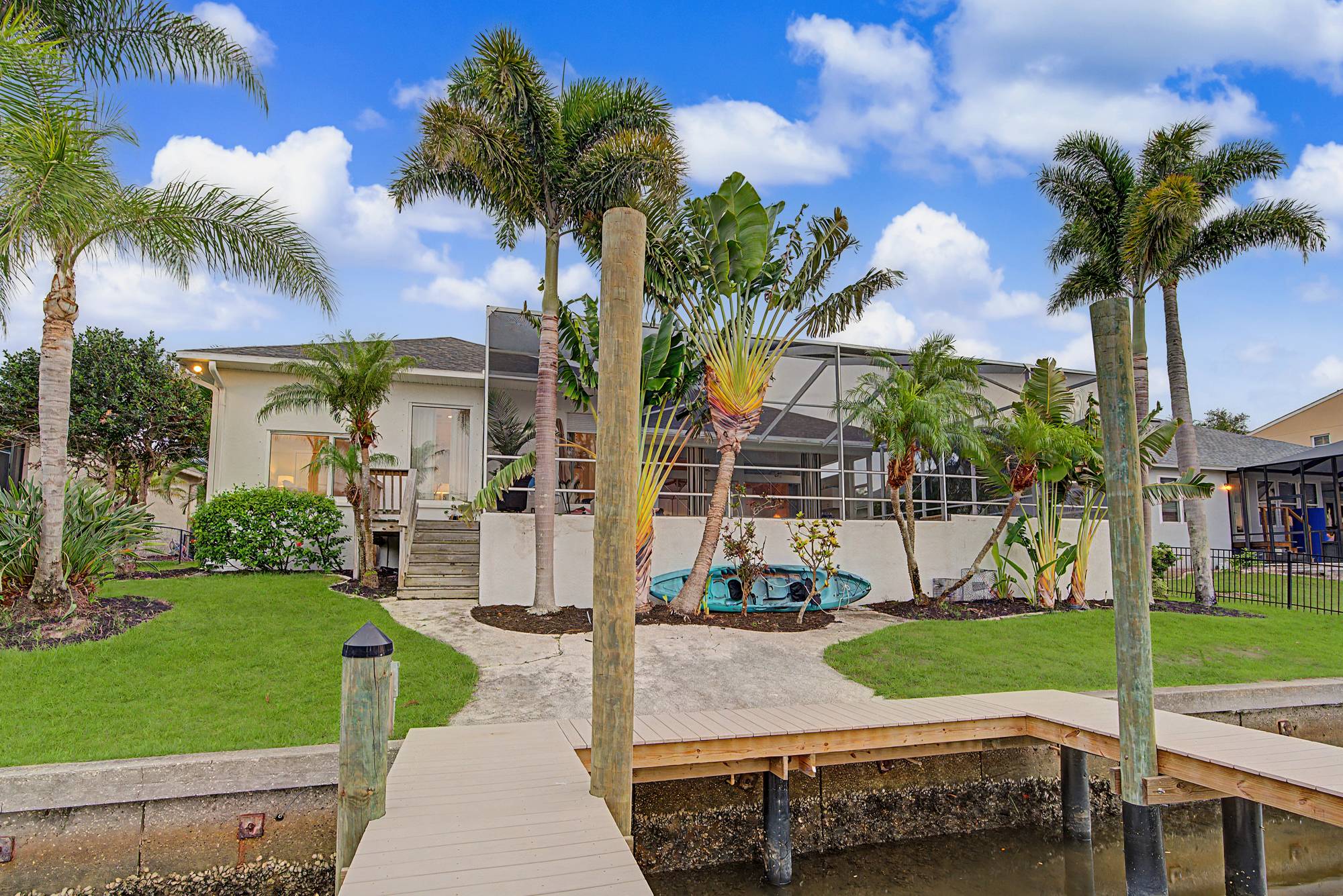 Backyard lawn leading to a private dock on the water